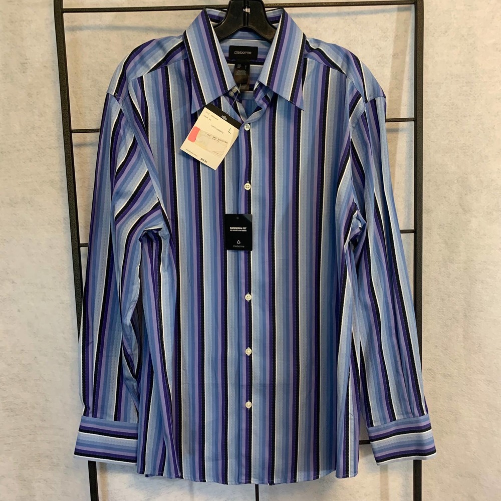 Claiborne Cafe Flamenco Blue and‎ Purple Stripe Men's Button Down Shirt  NWT